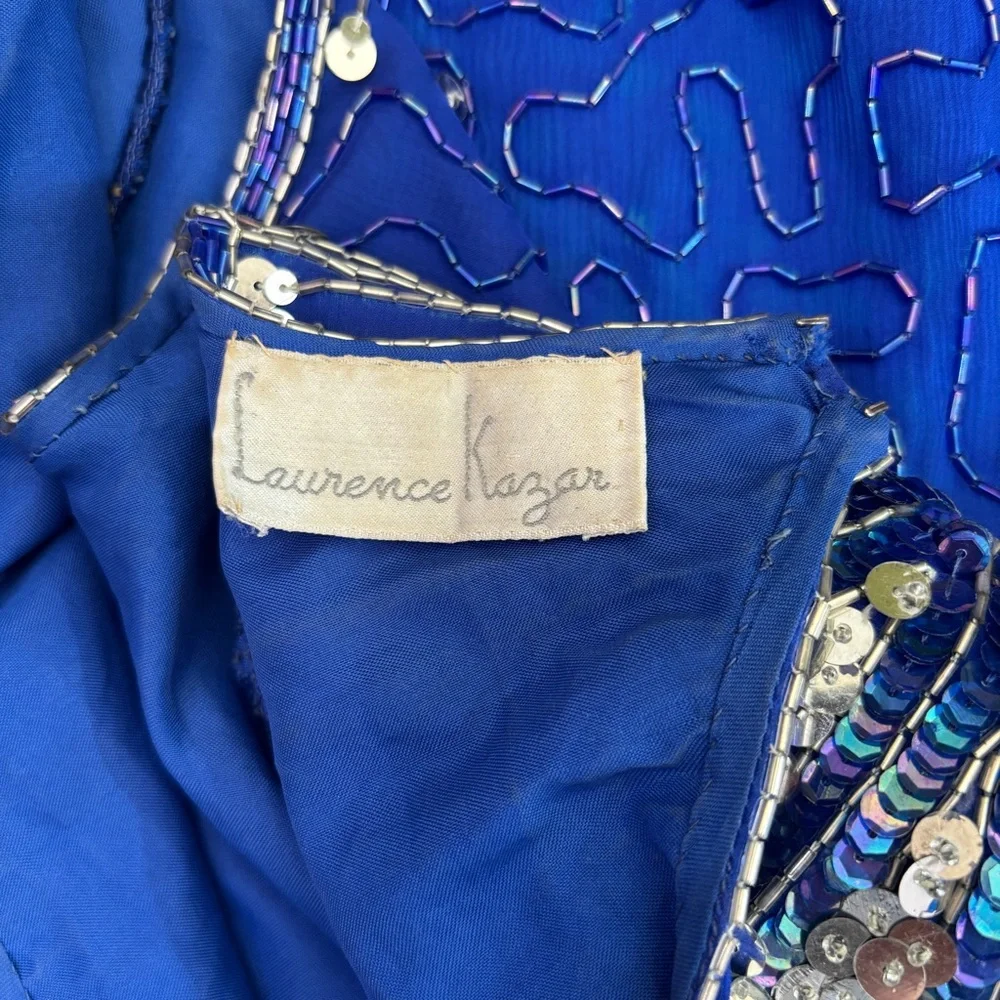 Laurence Kazar Vintage 80’s Blue Dress w/ Silver‎ Peacock Sequins and Open Back - Picture 10 of 10
